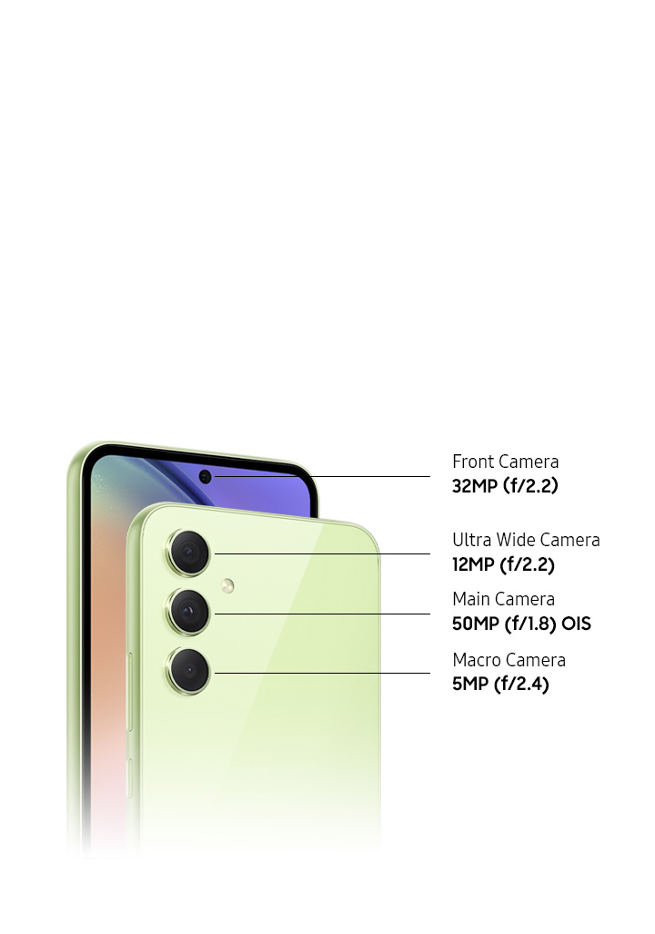 Two devices, both in Awesome Lime, show the rear side and front side of the device. On the right, the rear side of the device shows 12MP f2.2 Ultra wide Camera, 50MP f1.8 OIS Main Camera and 5MP f2.4 Macro Camera. On the left, the front side of the device shows the 32MP f2.2 Front Camera.
