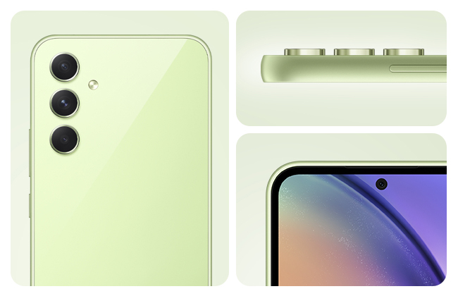 A Galaxy A54 5G in Awesome Lime is showing its camera layout, side view of the camera layout and the front of the device.