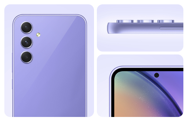 A Galaxy A54 5G in Awesome Violet is showing its camera layout, side view of the camera layout and the front of the device.