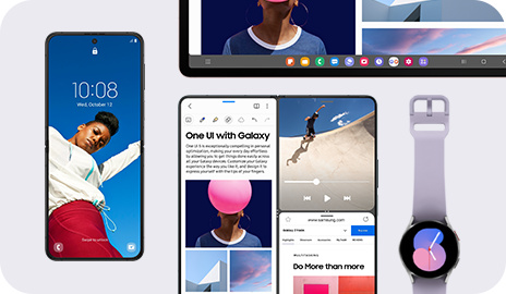 Galaxy Z Flip on the left has a wallpaper and digital clock widget. Next to it, Galaxy Z Fold's screen is split into three sections. Above it, Galaxy Tab's taskbar is shown. Galaxy Watch on the right has a watch face on.