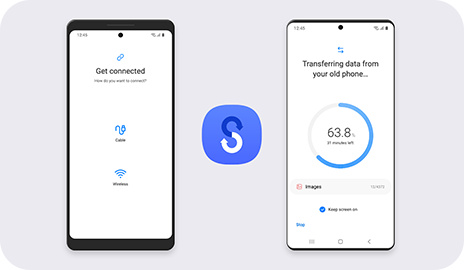 An older Galaxy device is next to the Galaxy device for performing Smart Switch. In between them is the Smart Switch icon. The old device shows that it is connected while the new device shows 'Transferring data from your old phone' with a progress of 63.8%.