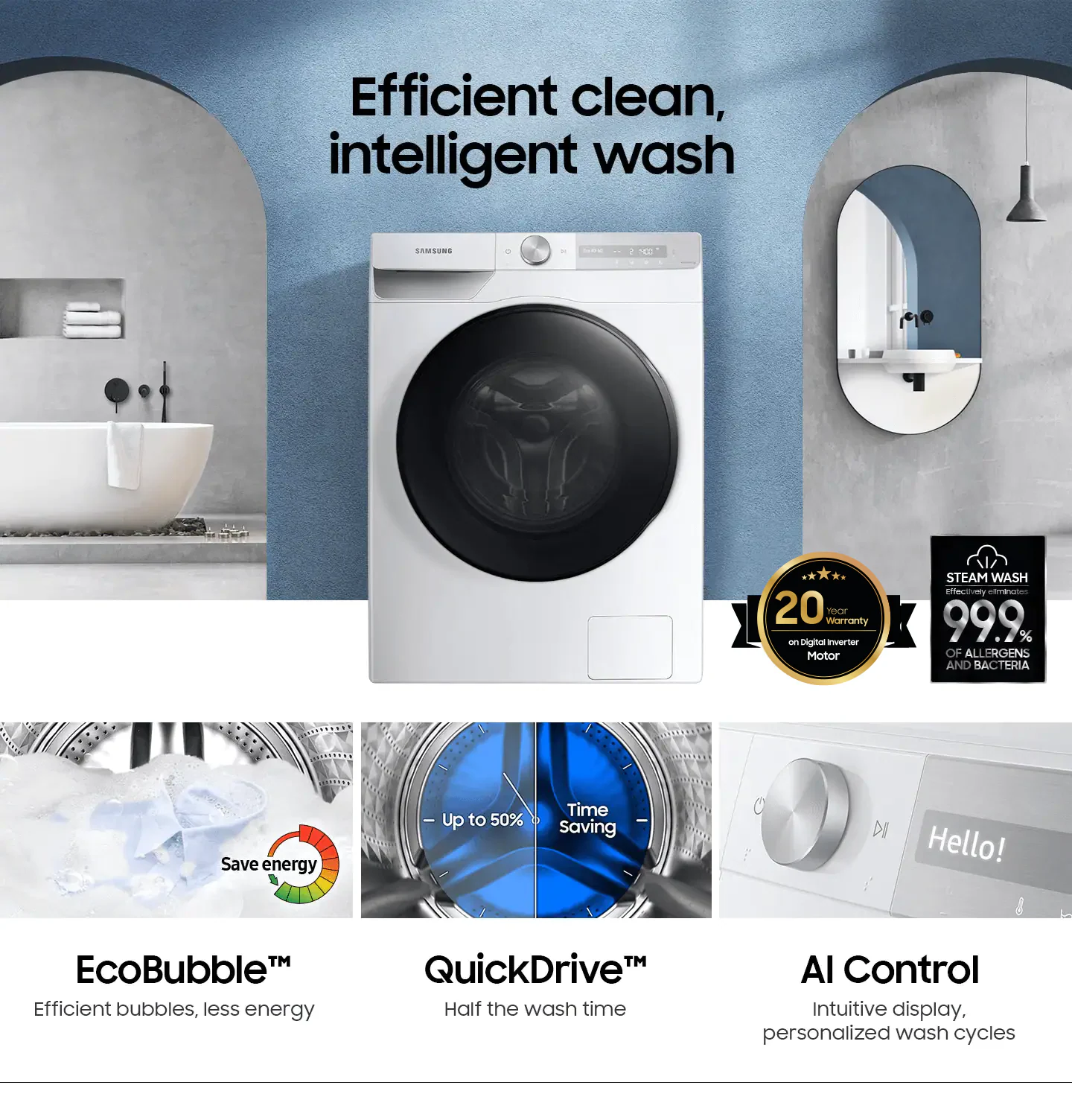 Samsung 9Kg Front Load Washer with Eco Bubble™ QuickDrive™ AI Control WW90T754DBX/GU-R