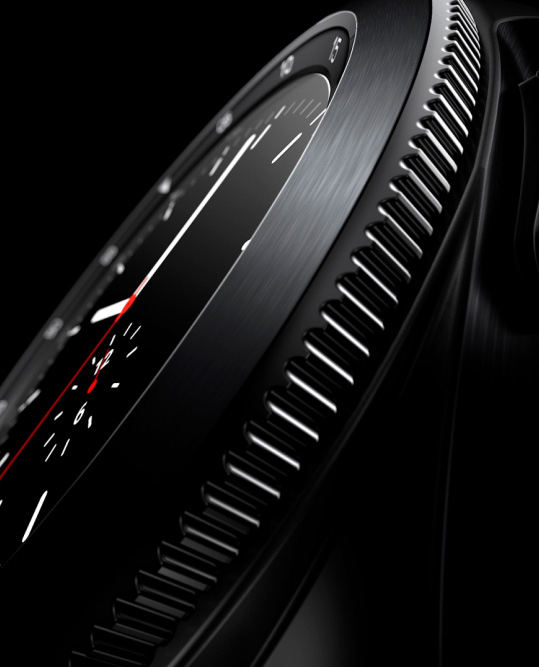 A close-up on the the rotating bezel and detailed watch face of a black Galaxy Watch4 Classic.