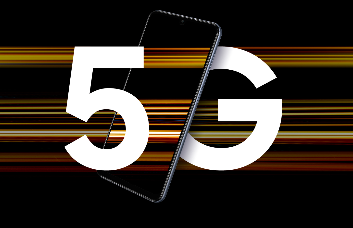 A Galaxy M33 5G device is shown with the text 5G divided at the letters by the device. Colorful streaks of light surround it to represent fast 5G speeds.