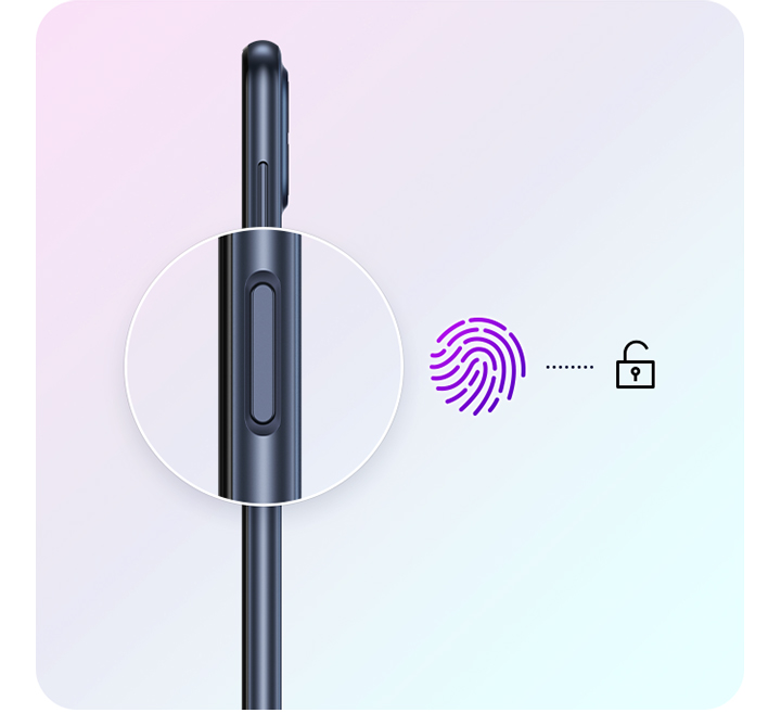 A side profile of the Galaxy M33 5G is shown, with the fingerprint sensor enlarged and magnified. Right by the sensor, a fingerprint icon and an unlock icon are shown with a short dotted line between them.