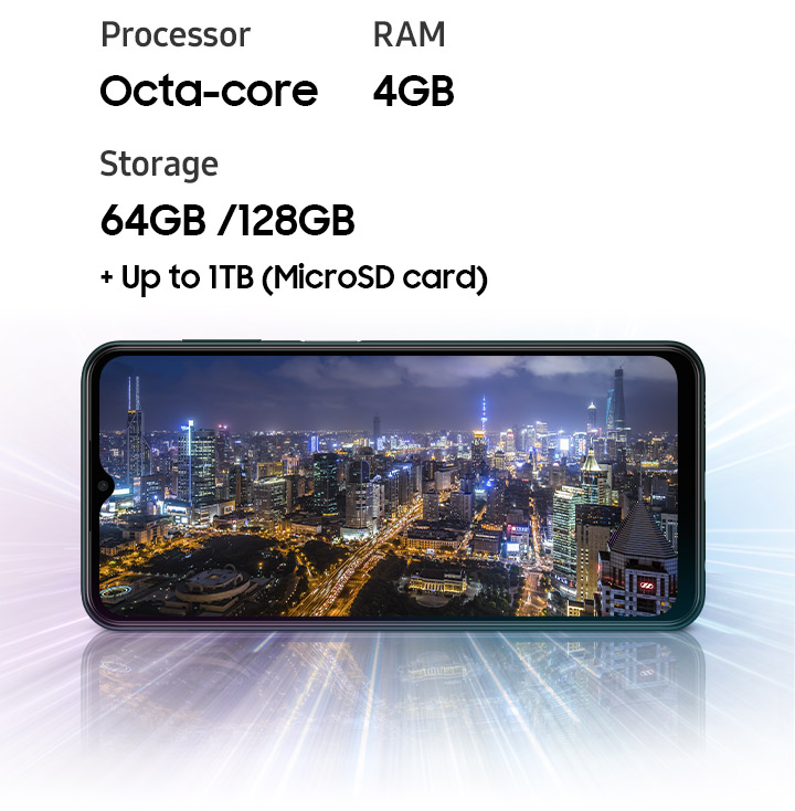 Galaxy M13 shows night city view, indicating device offers Octa-core processor, 4GB RAM, 64GB/128GB with up to 1TB-storage.