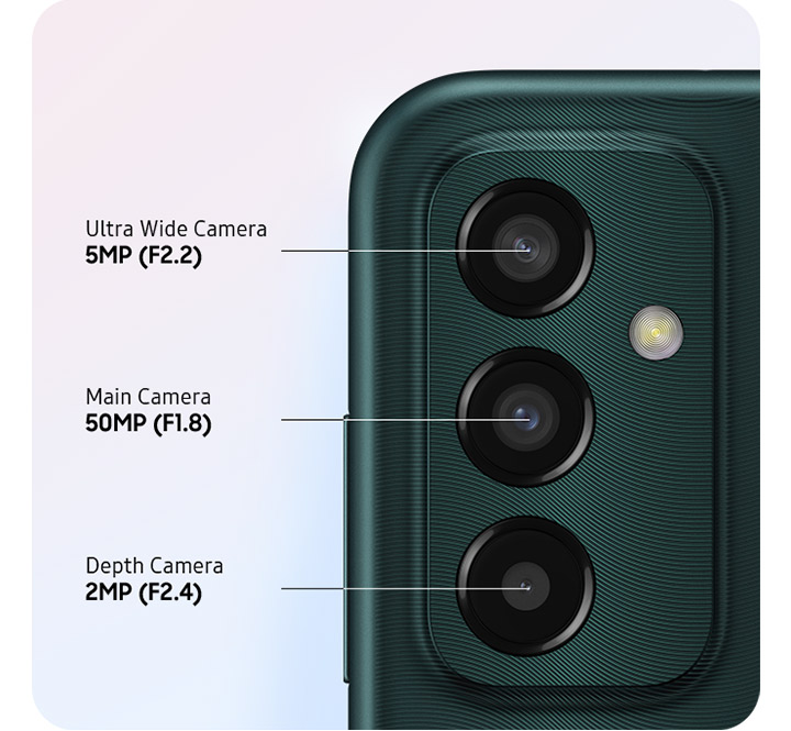 A rear close-up of advanced Triple Camera on the deep green model, showing F2.2 5MP Ultra Wide Camera, F1.8 50MP Main Camera and F2.4 2MP Depth Camera.