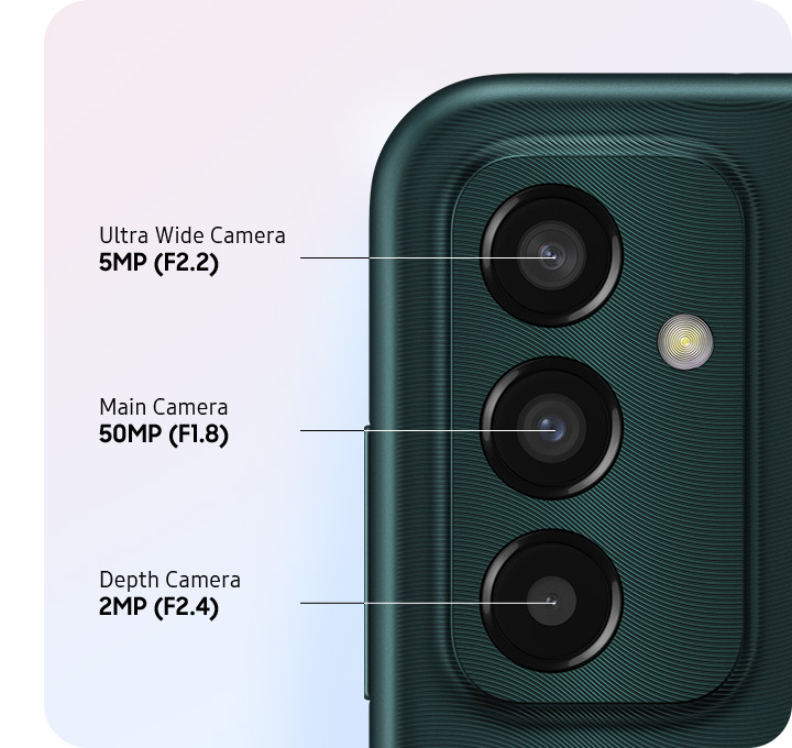 A rear close-up of advanced Triple Camera on the deep green model, showing F2.2 5MP Ultra Wide Camera, F1.8 50MP Main Camera and F2.4 2MP Depth Camera.