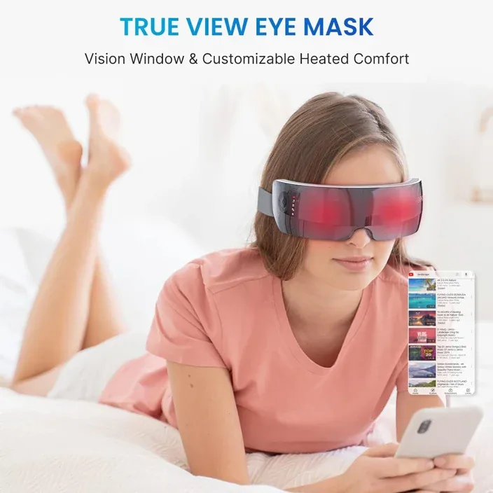 RENPHO True View eye massager connected to smartphone via Bluetooth for music playback