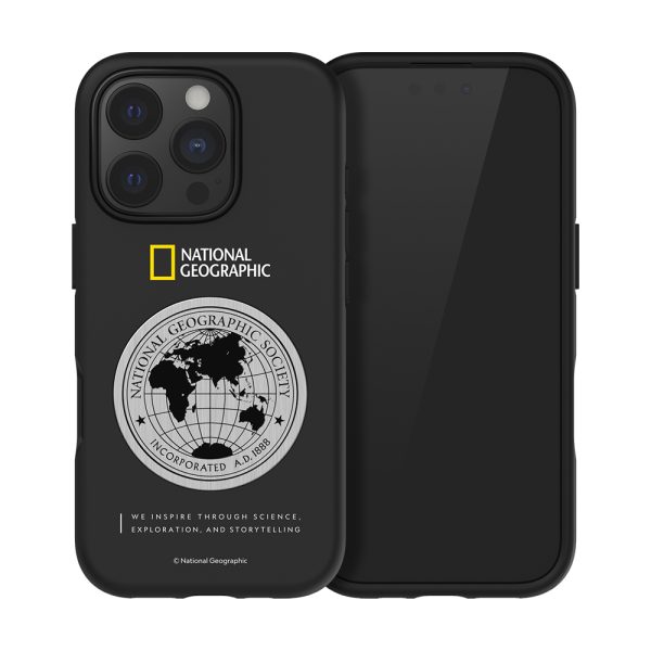 National Geographic Metal Deco Hard Shell Case for iPhone 16 Pro with magnetic cradle compatibility, stylish metal finish, double-layer protection, and eco-friendly materials