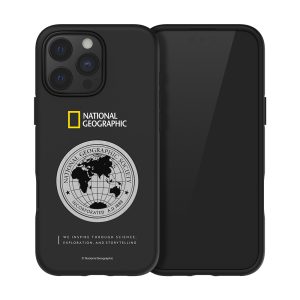 National Geographic Metal Deco Hard Shell Case for iPhone 16 Pro Max in black, featuring durable polycarbonate and urethane materials with luxurious metal decoration, compatible with magnetic mounts.