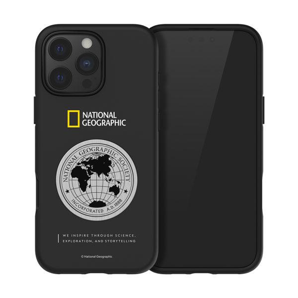 National Geographic Metal Deco Hard Shell Case for iPhone 16 Pro Max in black, featuring durable polycarbonate and urethane materials with luxurious metal decoration, compatible with magnetic mounts.