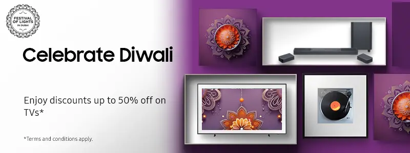 Diwali-themed banner showcasing JBL audio products like speakers, headphones, and soundbars, surrounded by traditional Diwali oil lamps and fireworks with a 'Sound Experience That Lights Up Your Diwali' message