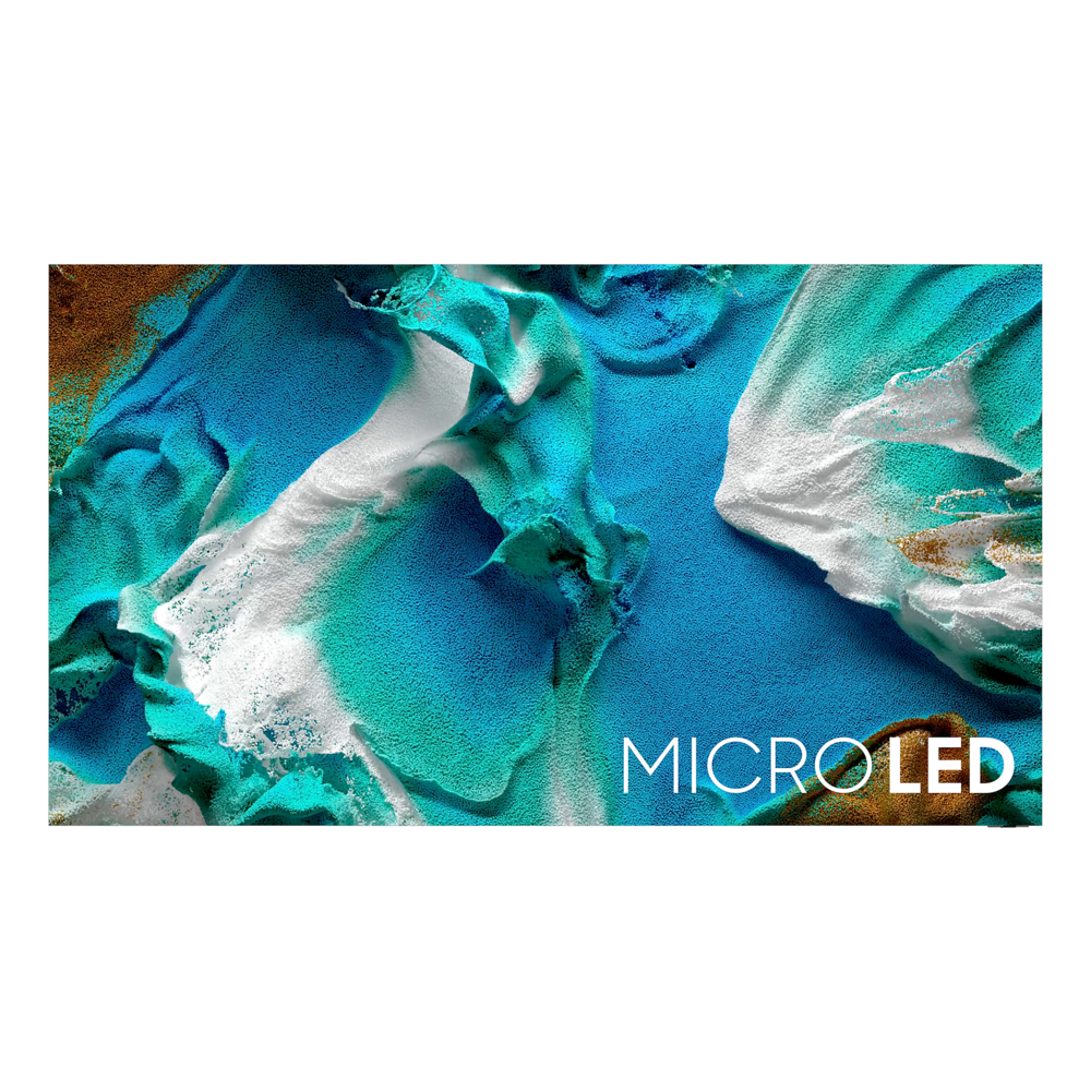Samsung MICRO LED TV featuring MICRO HDR, AI Processor, Infinity Screen, and immersive sound with OTS Pro and Q-Symphony technology.