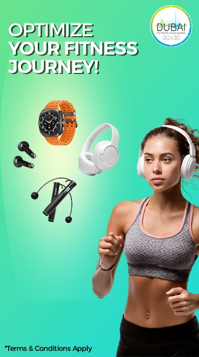 Dubai Fitness Challenge 30x30 banner featuring fitness gear, including earbuds, smartwatch, headphones, jump rope, and a woman jogging with fitness headphones