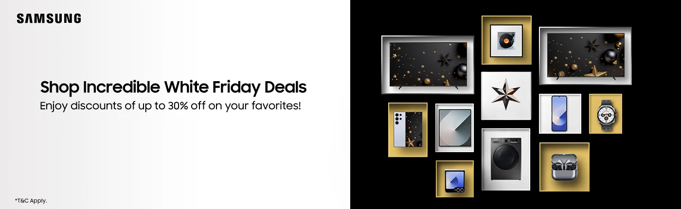 Samsung White Friday Deals offering discounts up to 30% on electronics, appliances, and gadgets