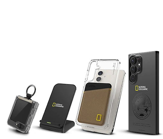 National Geographic branded phone accessories, including a phone case, wireless charger, keychain, and protective cover