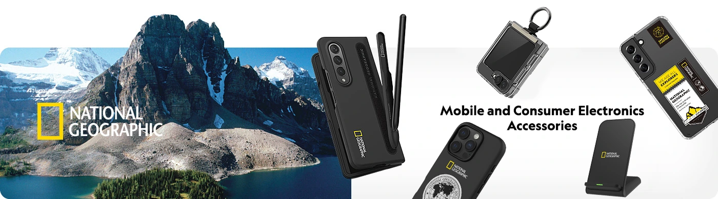 National Geographic mobile and consumer electronics accessories with rugged cases and travel gadgets displayed against a scenic mountain backdrop