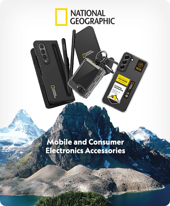 National Geographic mobile and consumer electronics accessories with rugged cases and travel gadgets displayed against a scenic mountain backdrop