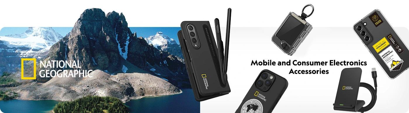 National Geographic mobile and consumer electronics accessories with rugged cases and travel gadgets displayed against a scenic mountain backdrop