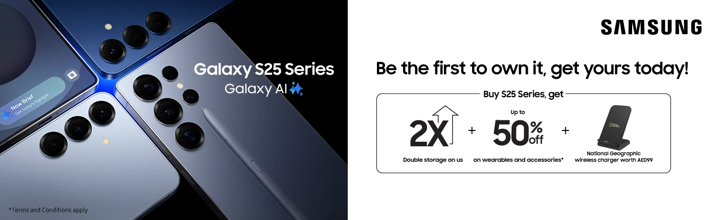 Samsung Galaxy S25 Series buy now with Galaxy AI, double storage, up to 50% off accessories, and a free National Geographic wireless charger