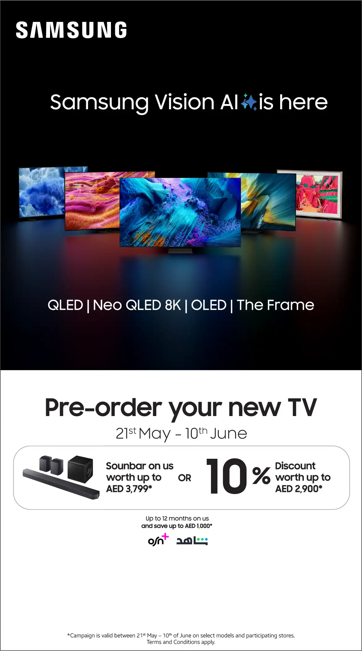 Samsung Vision AI TV pre-order offer with soundbar gift or discount on QLED, Neo QLED 8K, OLED, and The Frame TVs.