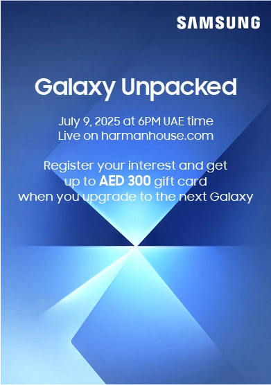 Samsung Galaxy Unpacked 2025 event banner – July 9 at 6PM UAE Time – Live on Harmanhouse.com