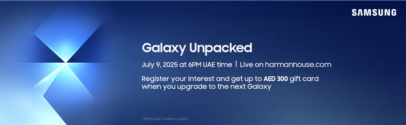 Samsung Galaxy Unpacked 2025 event banner – July 9 at 6PM UAE Time – Live on Harmanhouse.com