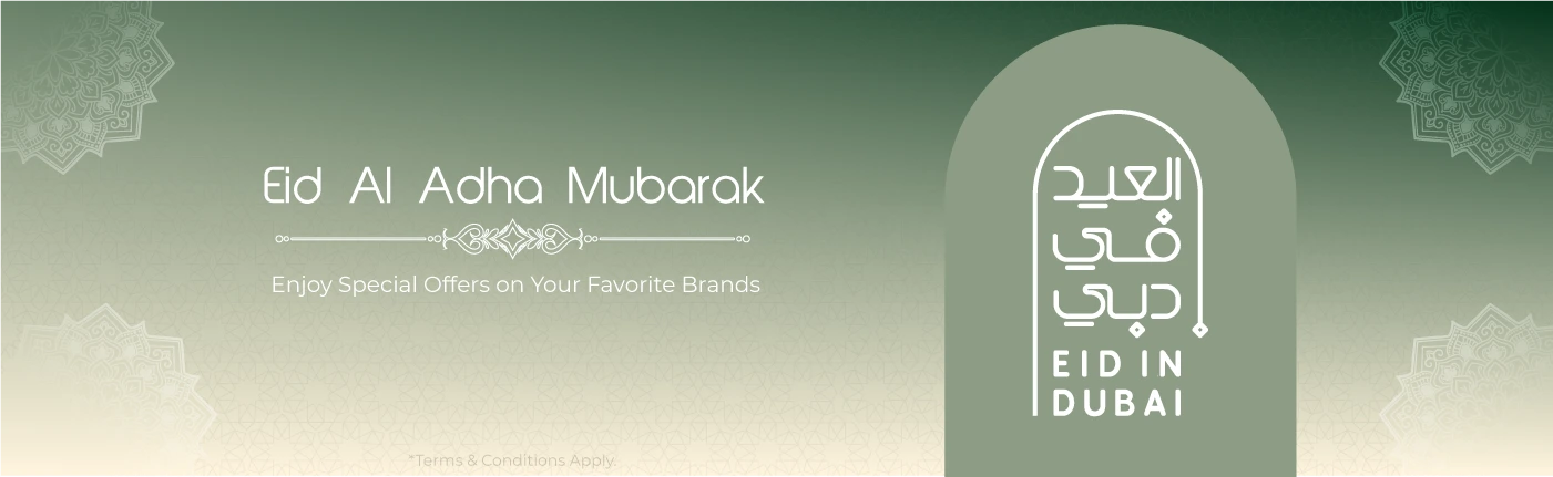 Eid Al Adha Mubarak banner with special offers on top brands at Harman House in Dubai.