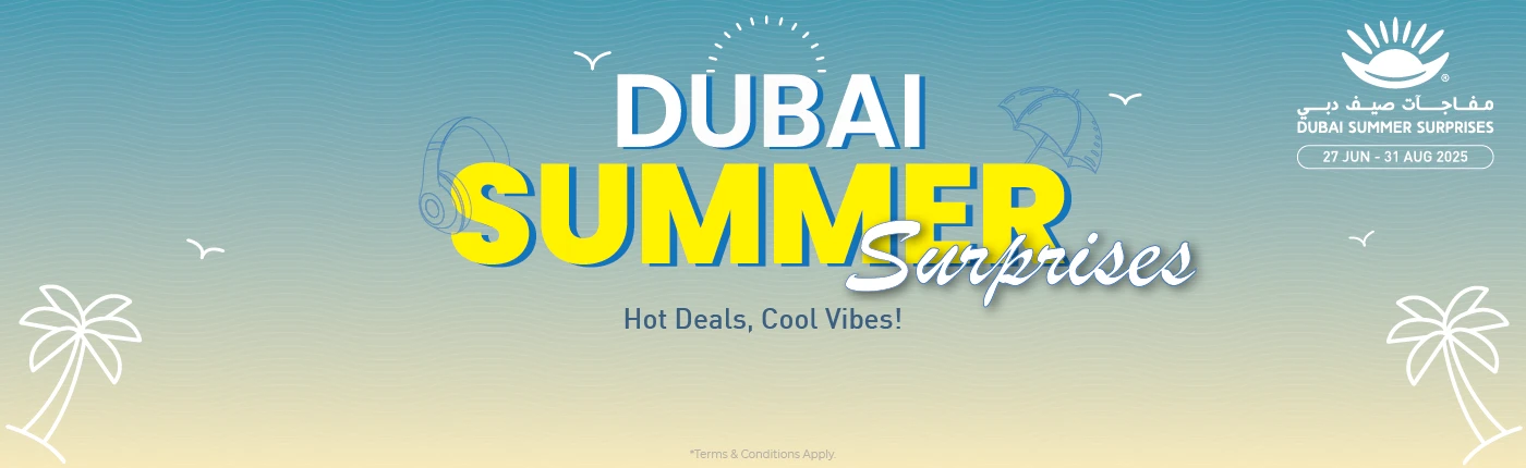 Dubai Summer Surprises 2025 promotional banner with dates and seasonal offer tagline