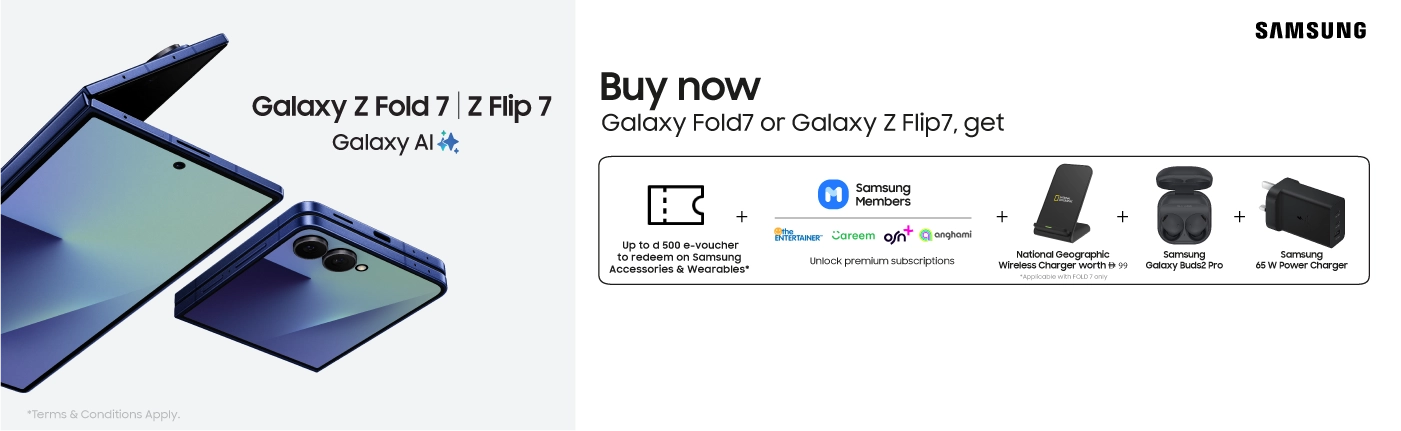 Samsung Galaxy Z Fold7 and Z Flip7 buy offer with bonus gifts including Galaxy Buds2 Pro, wireless charger, and power adapter.