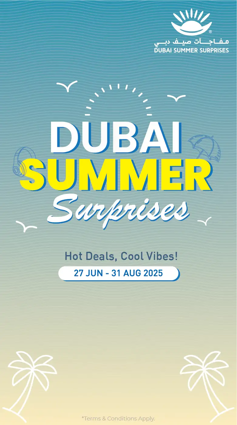 Dubai Summer Surprises 2025 promotional banner with dates and seasonal offer tagline