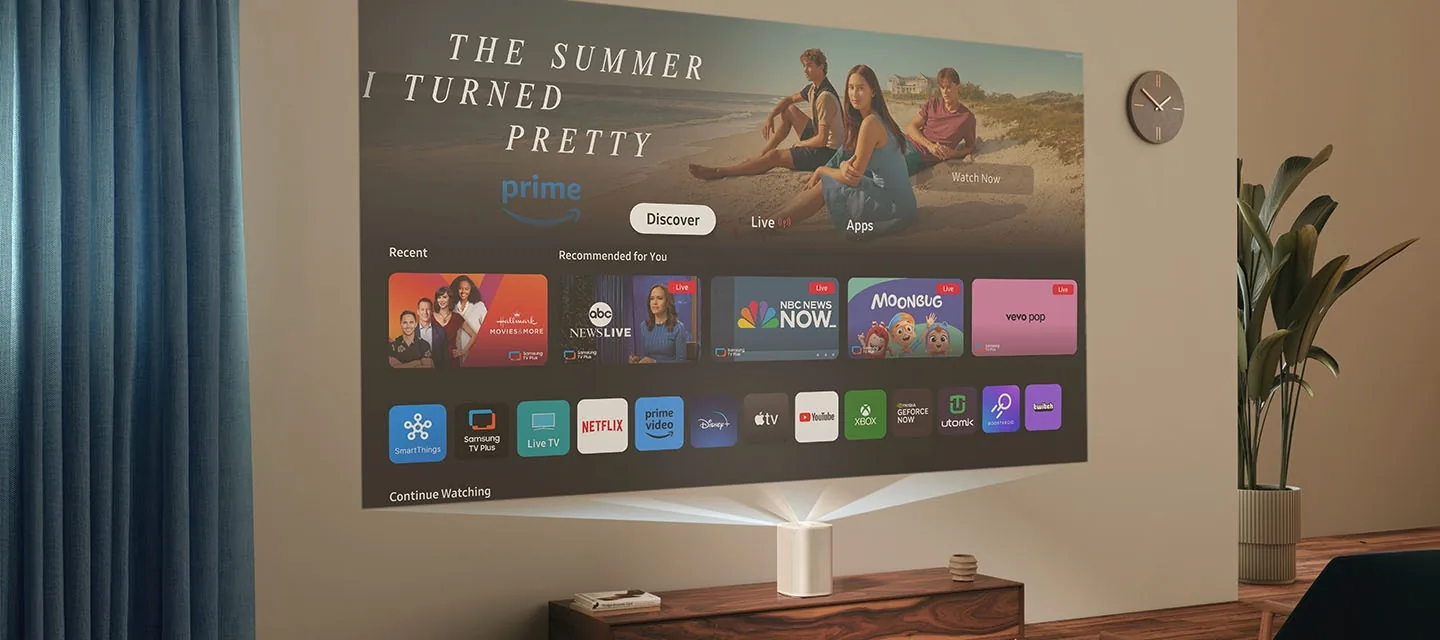 Samsung The Premiere 5 Tizen smart interface with streaming apps and Samsung TV Plus free channels