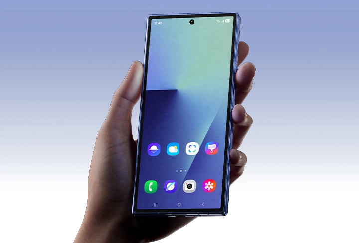 Galaxy Z Fold7 smartphone in Blue Shadow, featuring 200MP camera, Galaxy AI editing, 8-inch main screen, and advanced folding design.