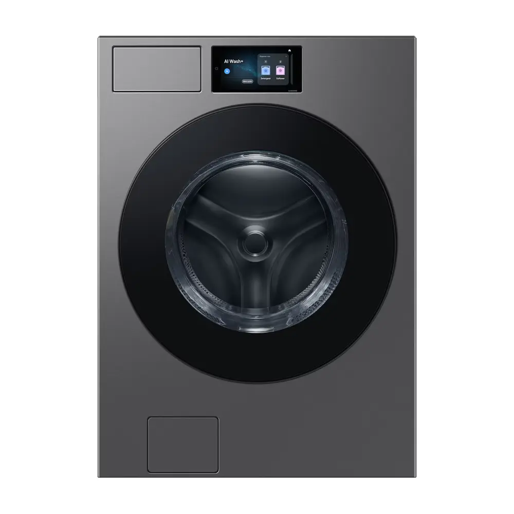 Bespoke AI Laundry Combo in dark gray finish with AI Wash+ touchscreen display and large capacity drum.