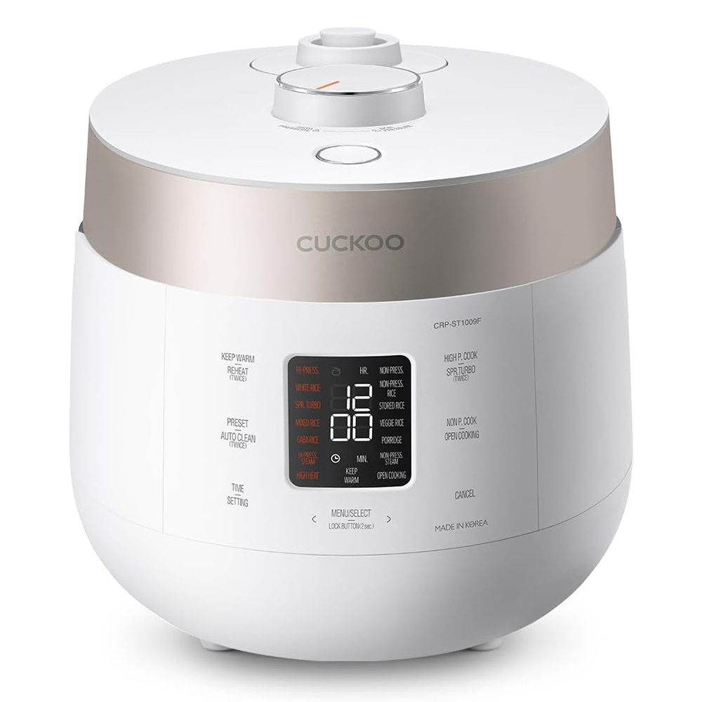 CUCKOO 10 Cup Twin Pressure Rice Cooker and Warmer with nonstick inner pot and 16 menu options for family-sized meals.