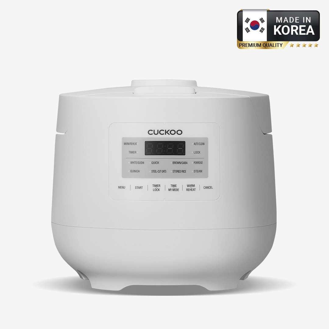 CUCKOO 6 Cup micom rice cooker with 11 cooking modes, nonstick inner pot, and steamer basket for everyday home cooking.