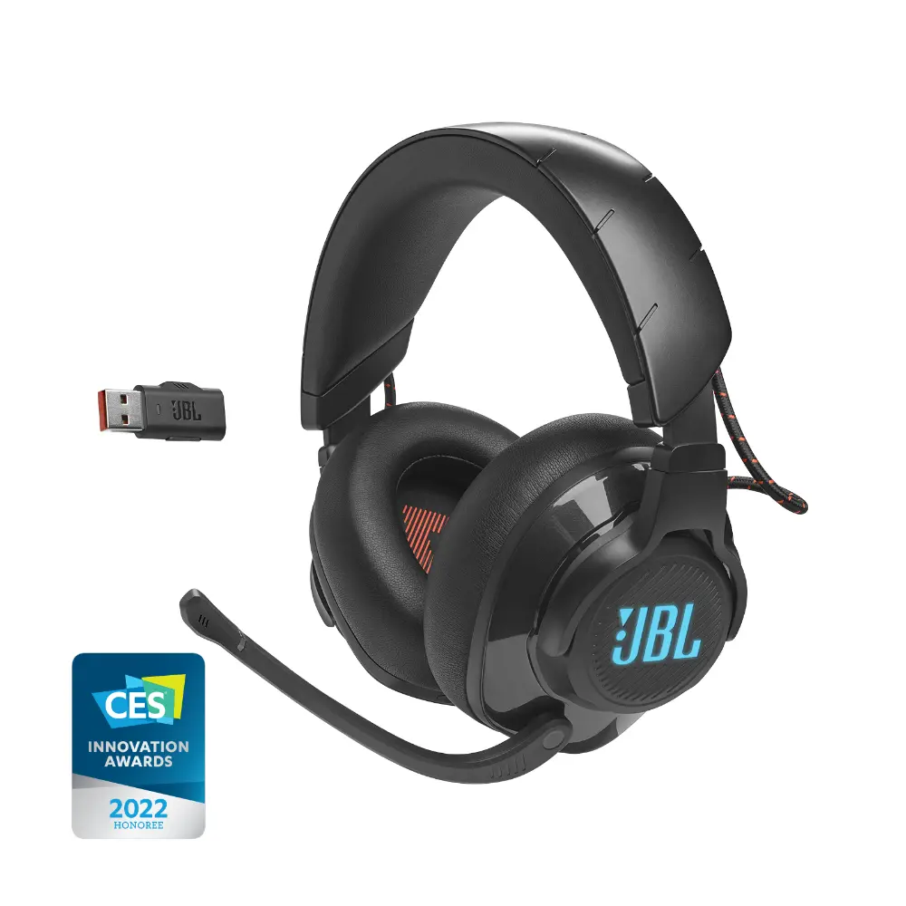 JBL Quantum 610 Wireless over-ear gaming headset with immersive sound and detachable boom microphone.