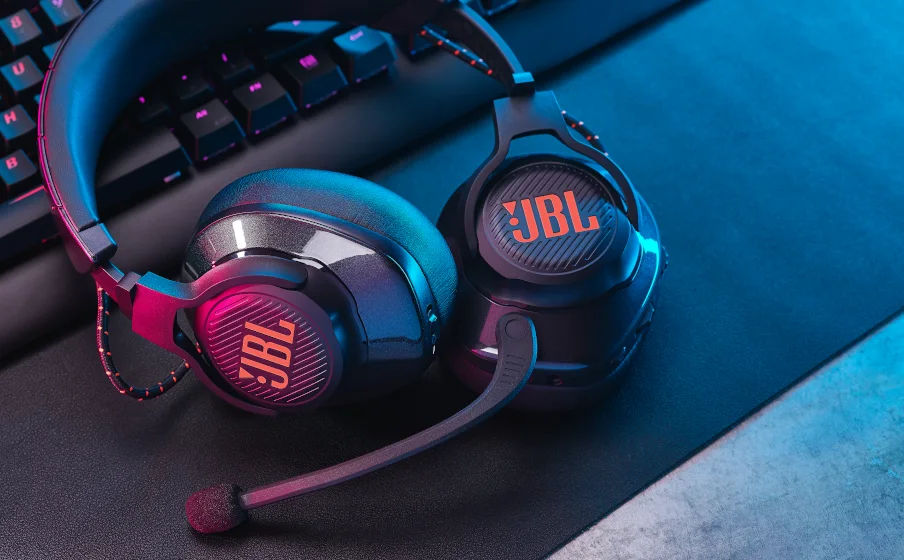 Close-up of JBL Quantum 610 Wireless headset with RGB lighting