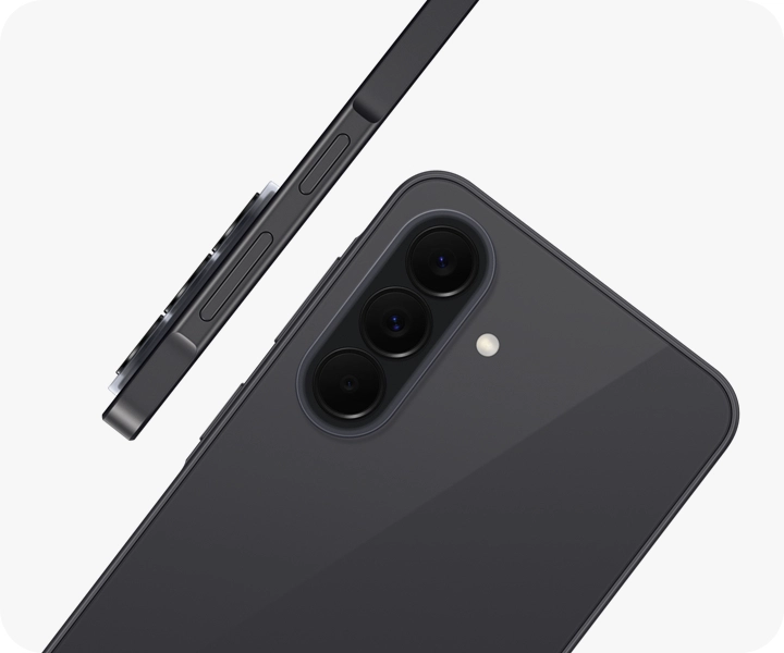 Galaxy A37 5G in Awesome Charcole is seen at an angle from the back, highlighting the camera bump with the Triple Camera. Another Galaxy A37 5G in Awesome Charcole is shown from the side view, highlighting the slim design.