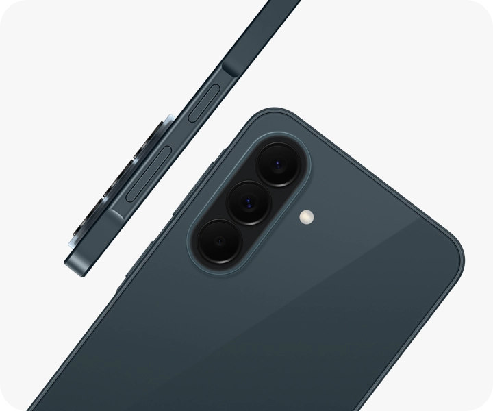 Galaxy A37 5G in Awesome Graygreen is seen at an angle from the back, highlighting the camera bump with the Triple Camera. Another Galaxy A37 5G in Awesome Graygreen is shown from the side view, highlighting the slim design.