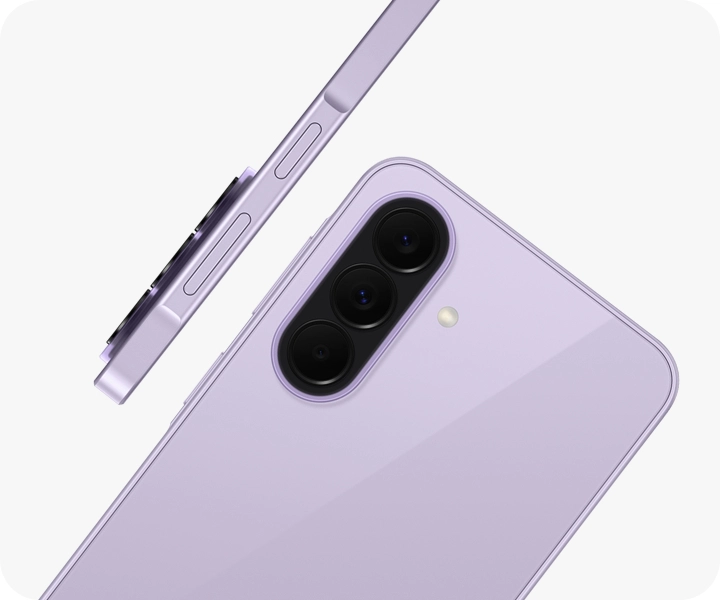 Galaxy A37 5G in Awesome Lavender is seen at an angle from the back, highlighting the camera bump with the Triple Camera. Another Galaxy A37 5G in Awesome Lavender is shown from the side view, highlighting the slim design.