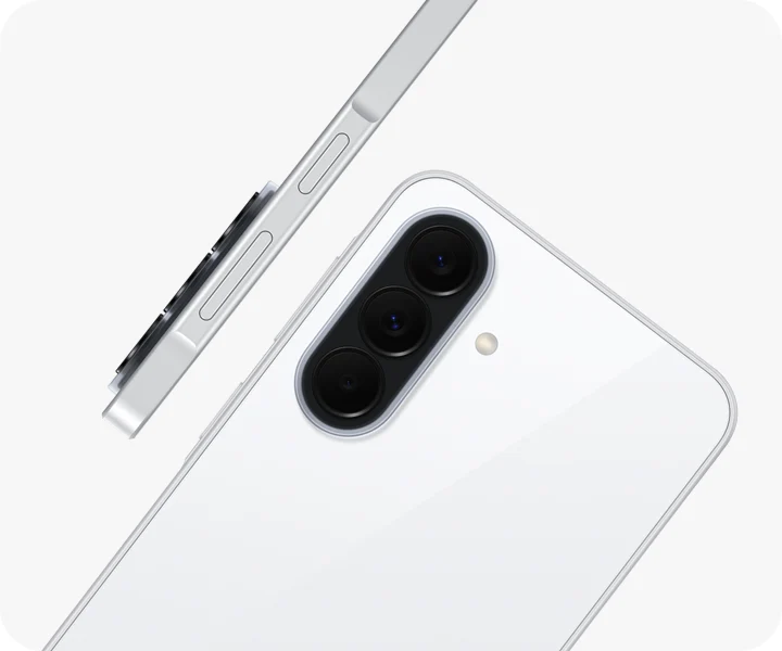 Galaxy A37 5G in Awesome White is seen at an angle from the back, highlighting the camera bump with the Triple Camera. Another Galaxy A37 5G in Awesome White is shown from the side view, highlighting the slim design.