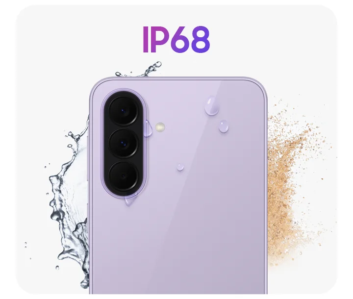 Galaxy A37 5G in Awesome Lavender shown from the back with water splashes and dust around it to highlight the IP68-rated protection.