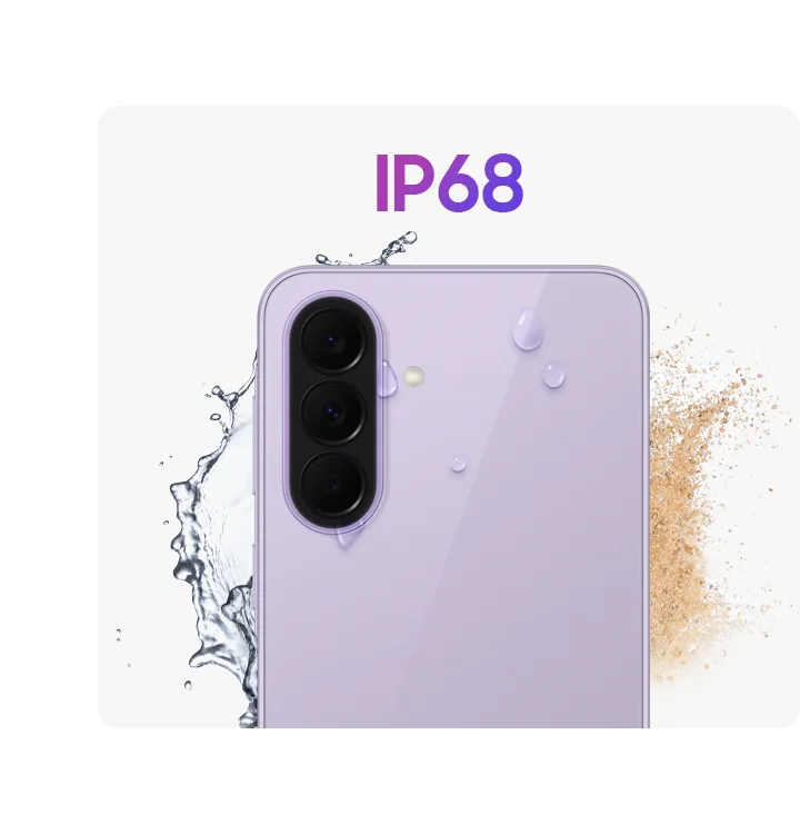 Galaxy A37 5G in Awesome Lavender shown from the back with water splashes and dust around it to highlight the IP68-rated protection.