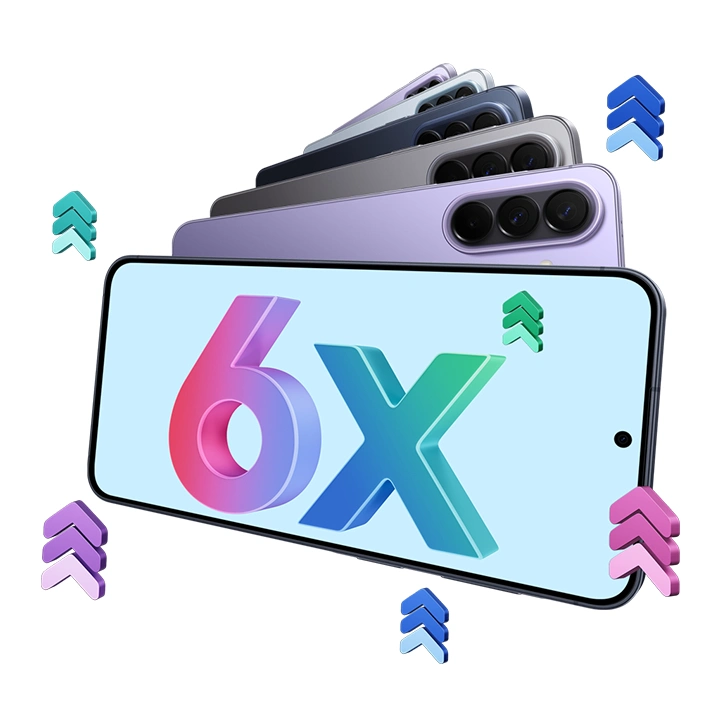 Five Galaxy A57 5G devices in various colors shown from the back, overlapping each other. Another Galaxy A37 5G shown facing forward in landscape mode with onscreen text 6x, signifying that Galaxy A57 5G includes 6 times OS upgrades and 6 years of security upgrades.