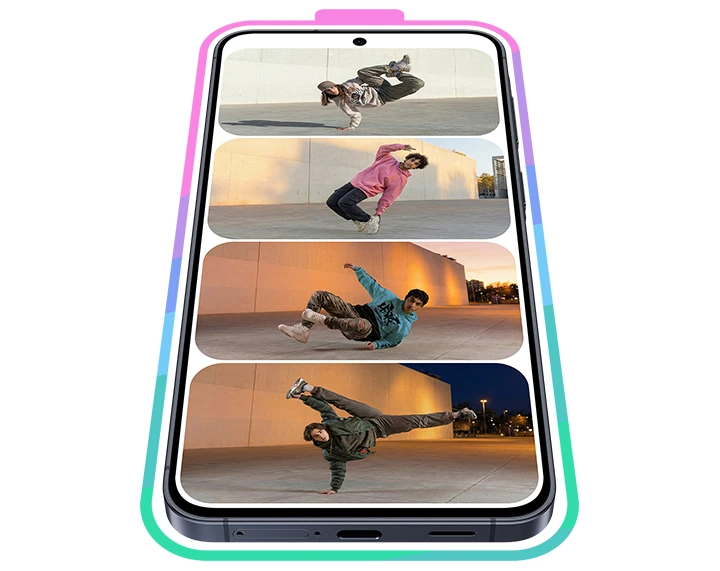 Galaxy A57 5G in Awesome Navy shown facing forward in portrait mode with four battery charge segments shown onscreen filled with young people breakdancing.