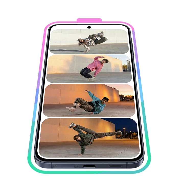 Galaxy A57 5G in Awesome Navy shown facing forward in portrait mode with four battery charge segments shown onscreen filled with young people breakdancing.