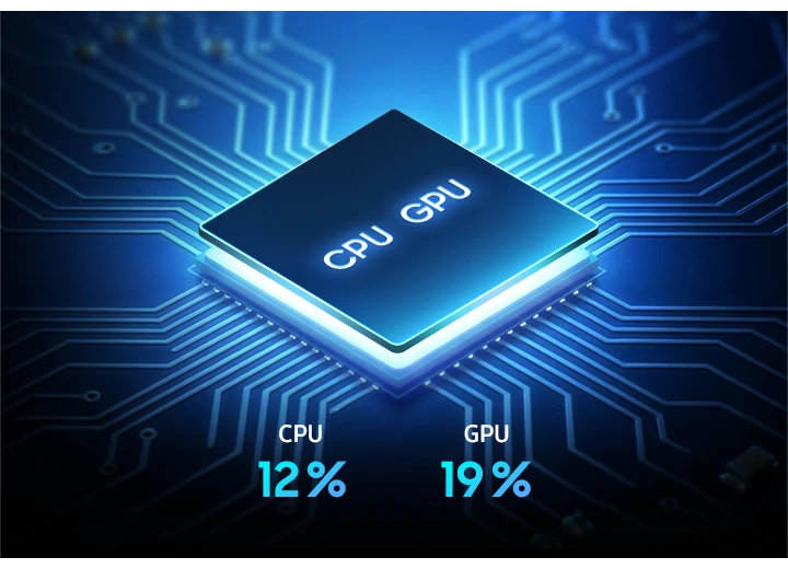 The Octa-core processor chip of Galaxy A37 5G is shown embedded on a grid. CPU performance has improved by 12% and GPU performance has improved by 19%.
