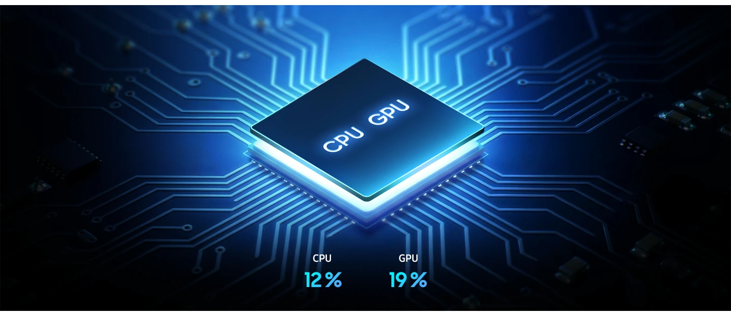 The Octa-core processor chip of Galaxy A37 5G is shown embedded on a grid. CPU performance has improved by 12% and GPU performance has improved by 19%.